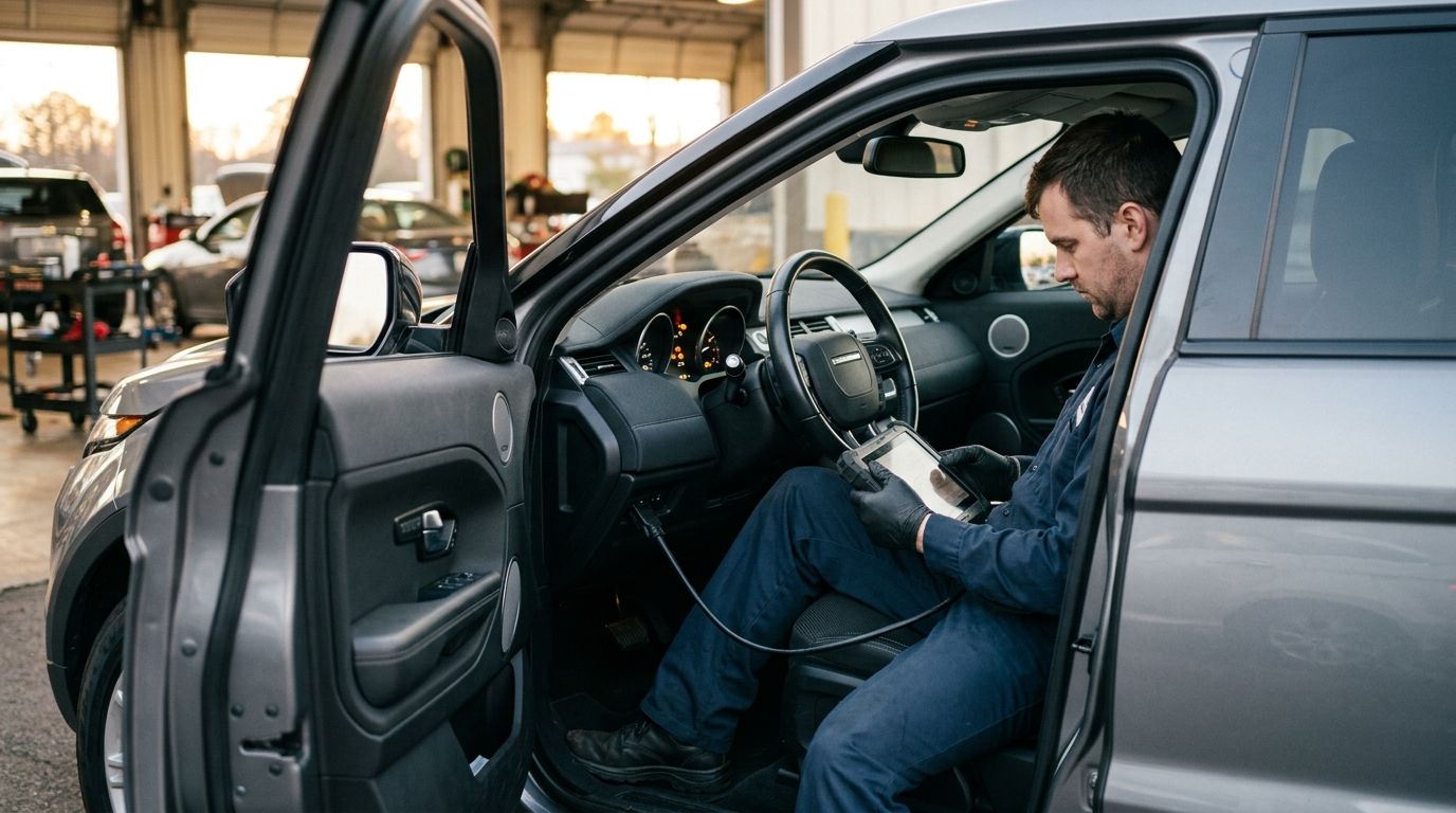 Mechanic running diagnostics on a tablet from the driver seat