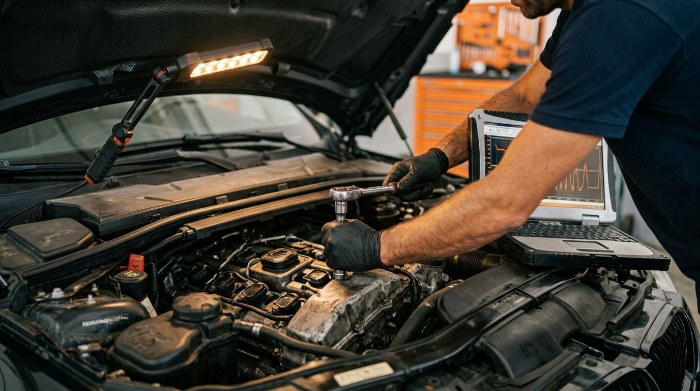 Mechanic working on an engine with a laptop showing live data
