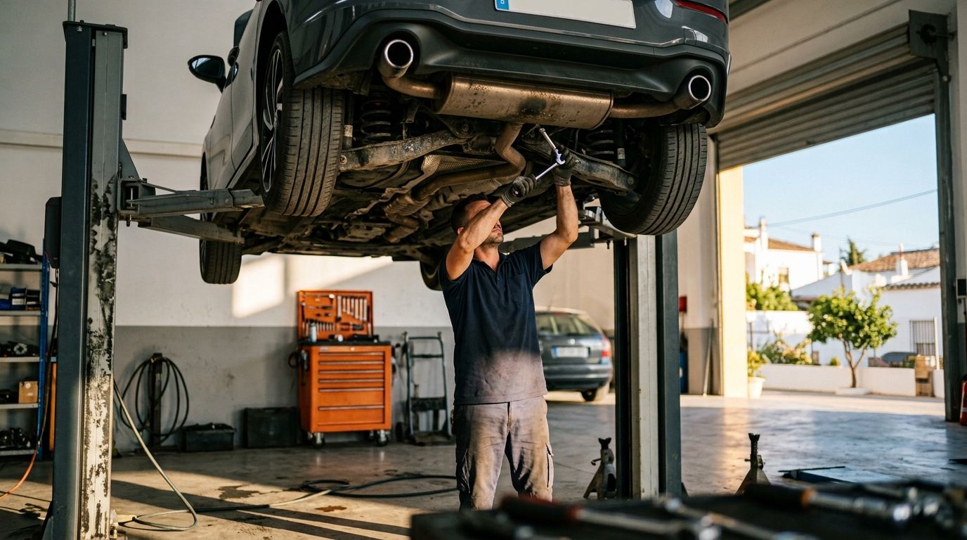 Mechanic working under a car raised on a lift